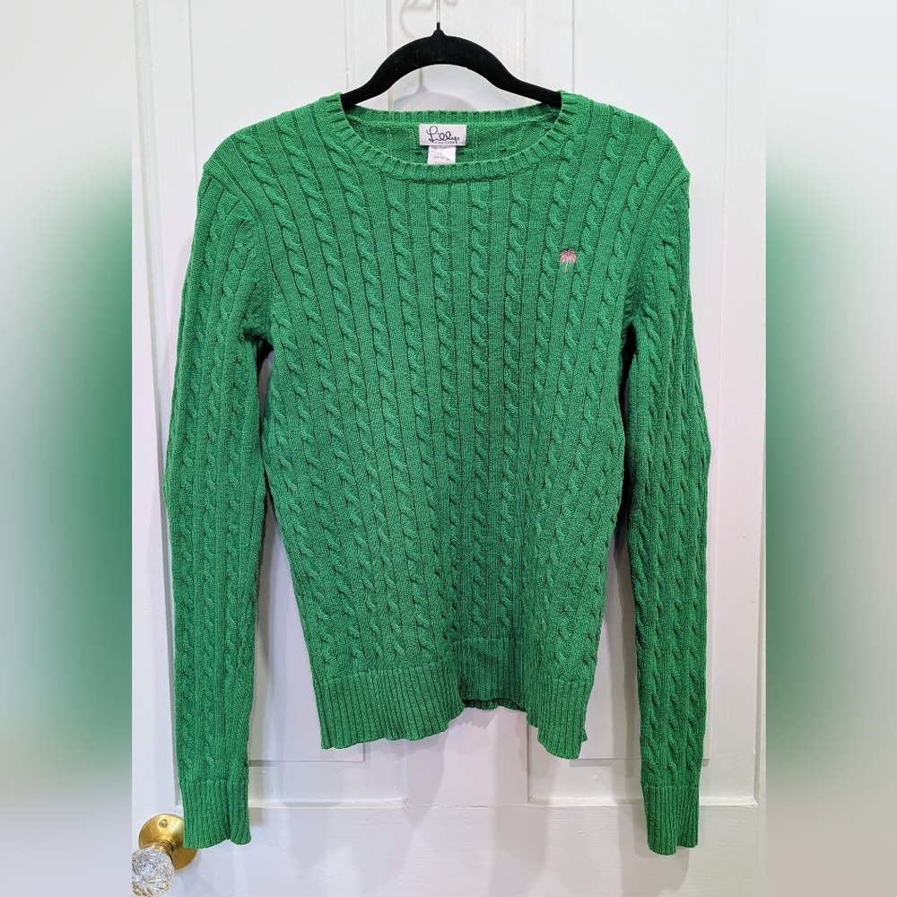 Lilly Pulitzer 100% Cotton Green Cable Knit Sweater With Pink Logo | Small
